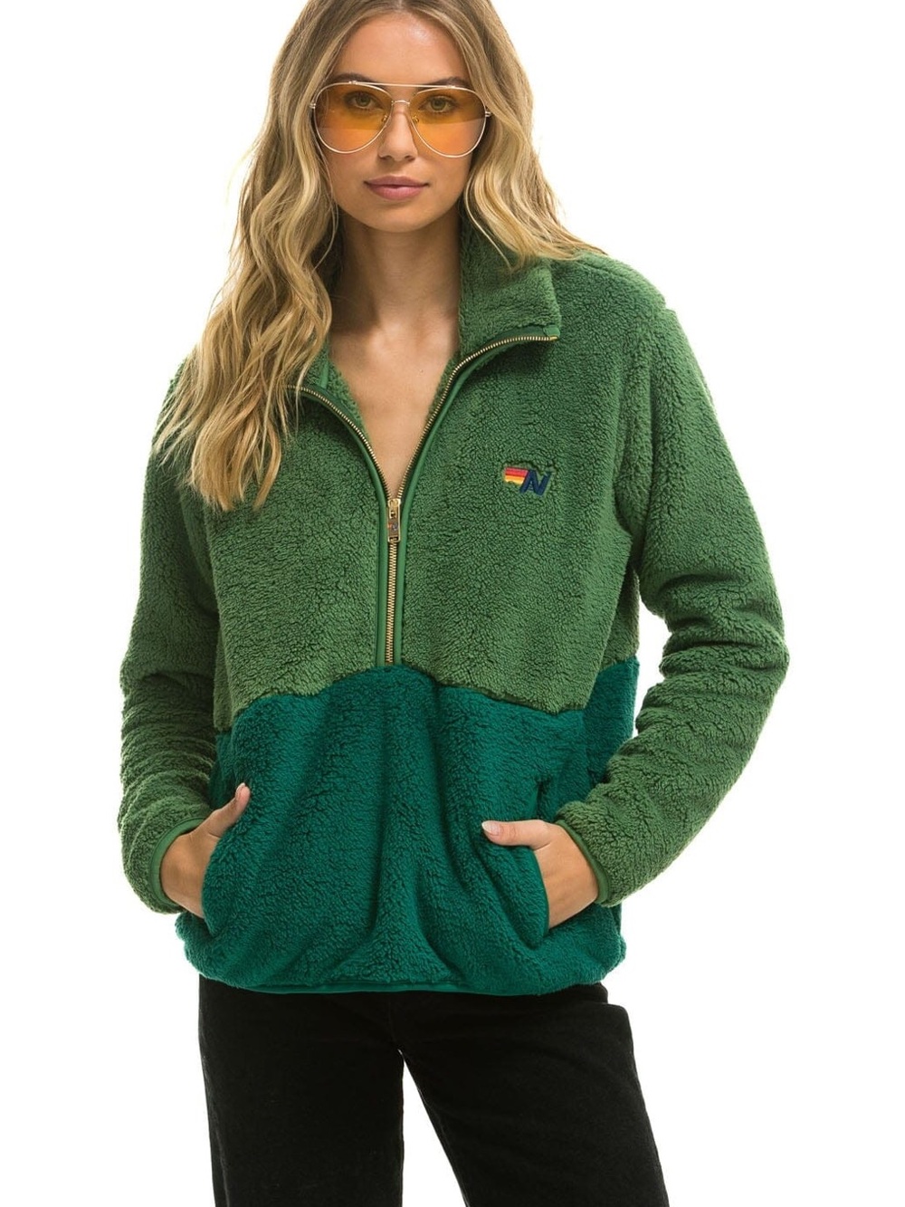 Aviator Nation Two-Tone Green Sherpa Half-Zip Jacket